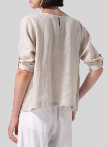 Oat Linen Loose Pleated Roll-Tab Sleeve Top