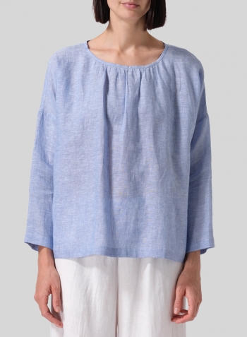 Cornflower Blue Linen Loose Pleated Roll-Tab Sleeve Top