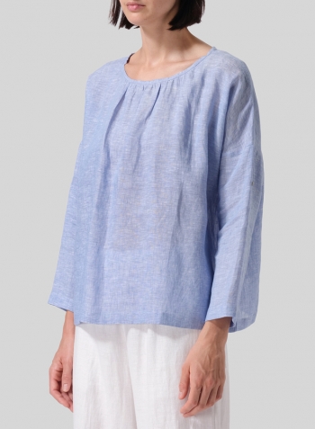 Cornflower Blue Linen Loose Pleated Roll-Tab Sleeve Top