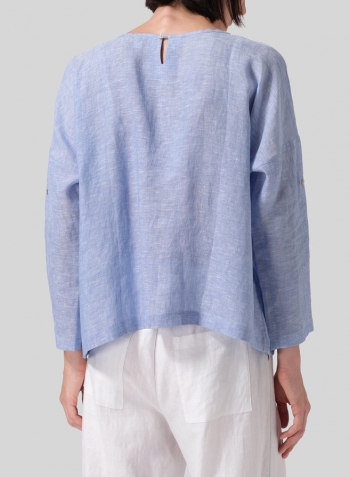 Cornflower Blue Linen Loose Pleated Roll-Tab Sleeve Top