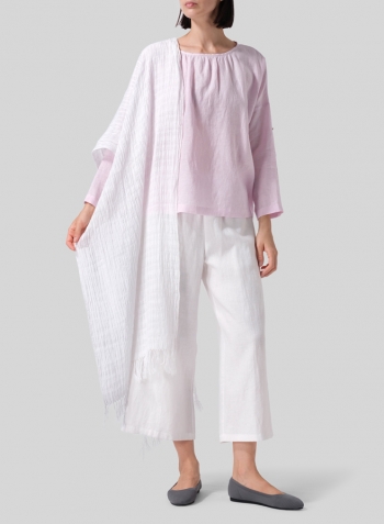 Soft Pink Linen Loose Pleated Roll-Tab Sleeve Top Set