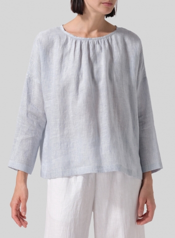 Light Blue Stripe Linen Loose Pleated Crew Neck Blouse