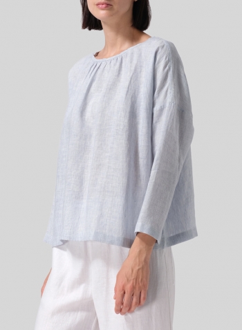 Light Blue Stripe Linen Loose Pleated Crew Neck Blouse