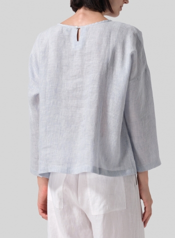 Light Blue Stripe Linen Loose Pleated Crew Neck Blouse