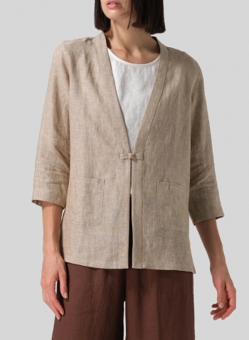 Khaki Beige Linen One-Mandarin Button Jacket