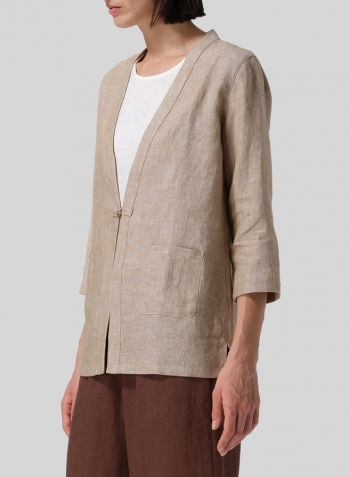 Khaki Beige Linen One-Mandarin Button Jacket