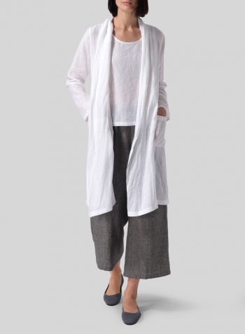 White Linen Open-Front Shawl Collar Jacket