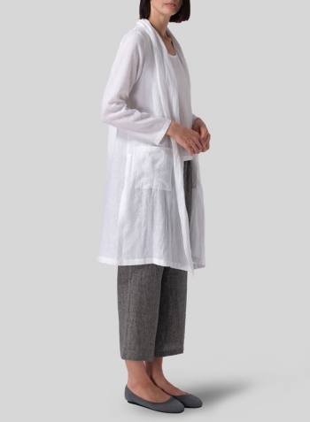 White Linen Open-Front Shawl Collar Jacket