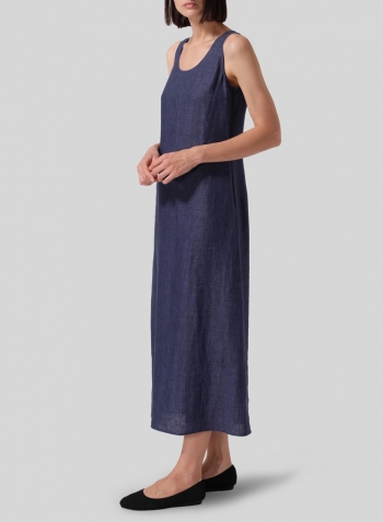 Denim Linen Scoop Neck Sleeveless Long Dress