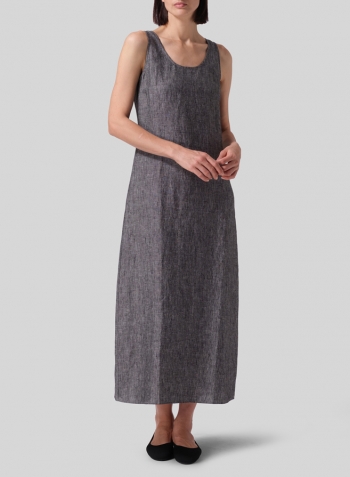 Two Tone Black Linen Scoop Neck Sleeveless Long Dress