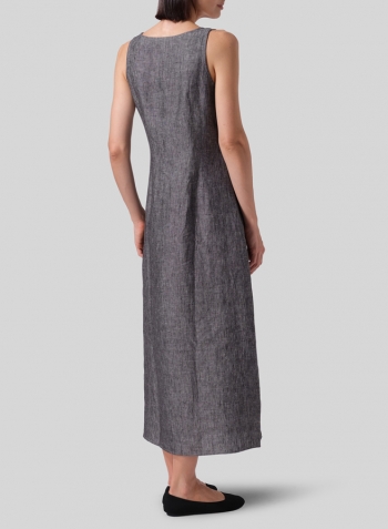 Two Tone Black Linen Scoop Neck Sleeveless Long Dress