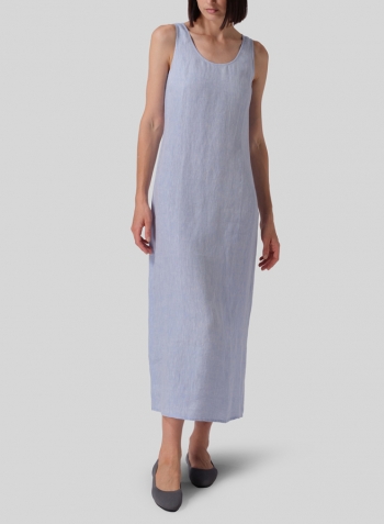 Two Tone Sky Blue Linen Scoop Neck Sleeveless Long Dress