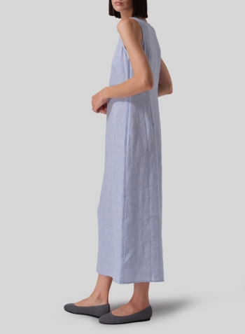 Two Tone Sky Blue Linen Scoop Neck Sleeveless Long Dress