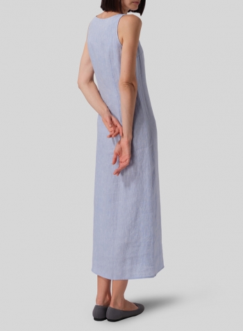 Two Tone Sky Blue Linen Scoop Neck Sleeveless Long Dress