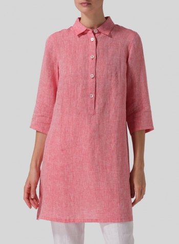 Two Tone Red Linen Straight Fit Shirt Collar Tunic