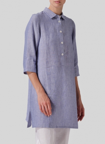Two Tone Blue White Linen Straight Fit Shirt Collar Tunic