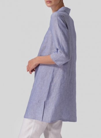 Two Tone Blue White Linen Straight Fit Shirt Collar Tunic