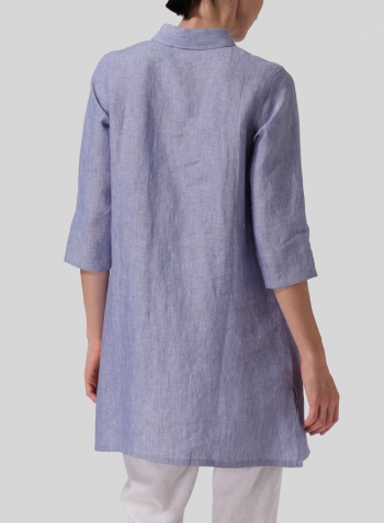 Two Tone Blue White Linen Straight Fit Shirt Collar Tunic