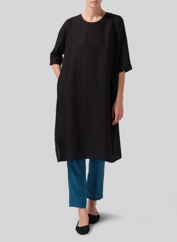 Black Linen Half Sleeve Dress Set
