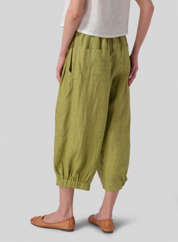 Lime Olive Green Linen Crumple Effect Harem Pants