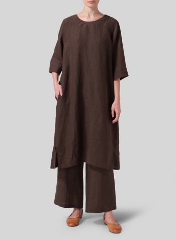 Dark Olive Brown Linen Half Sleeve Dress Set