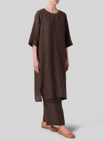 Dark Olive Brown Linen Half Sleeve Dress Set