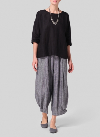 Black Linen Relaxed 3/4 Sleeve Pleated Top Set