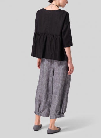 Black Linen Relaxed 3/4 Sleeve Pleated Top Set