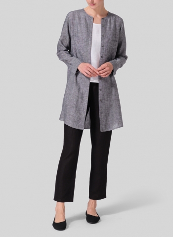 Two Tone Black Linen Open Front Long Shirt