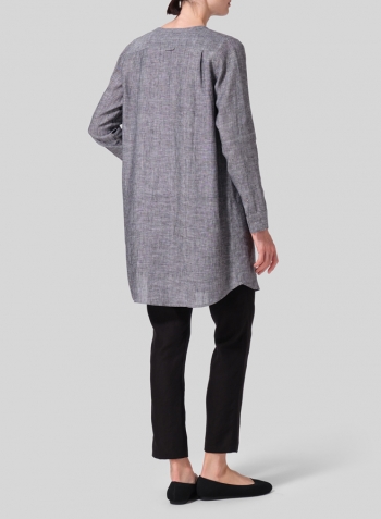 Two Tone Black Linen Open Front Long Shirt