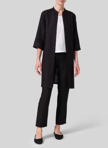 Black Linen Mandarin Collar Simple Long Blouse