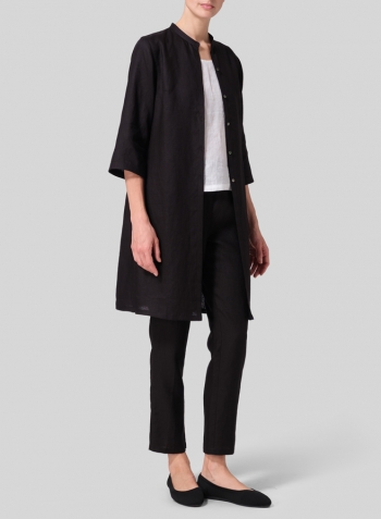 Black Linen Mandarin Collar Simple Long Blouse