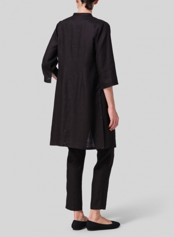 Black Linen Mandarin Collar Simple Long Blouse