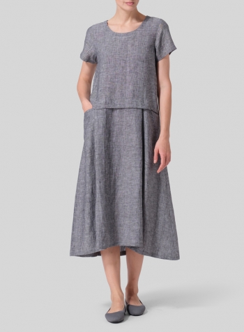 Two Tone Black Linen Short Sleeves A-Line Dress