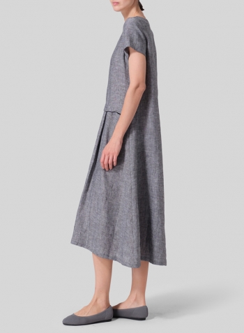 Two Tone Black Linen Short Sleeves A-Line Dress