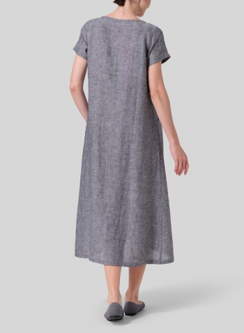 Two Tone Black Linen Short Sleeves A-Line Dress