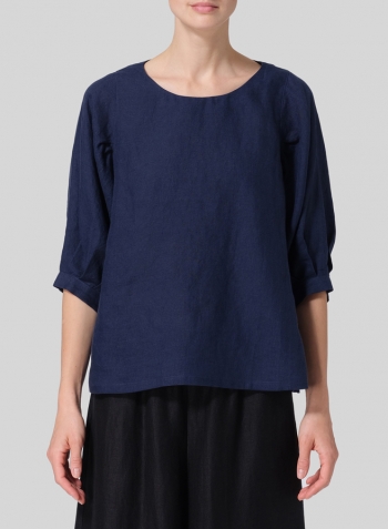 Midnight Blue Linen Pleated Sleeve Top
