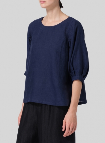 Midnight Blue Linen Pleated Sleeve Top