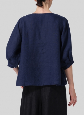 Midnight Blue Linen Pleated Sleeve Top
