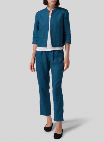 Peacock Blue Linen Crop Blazer Set