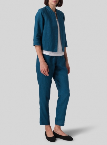 Peacock Blue Linen Crop Blazer Set