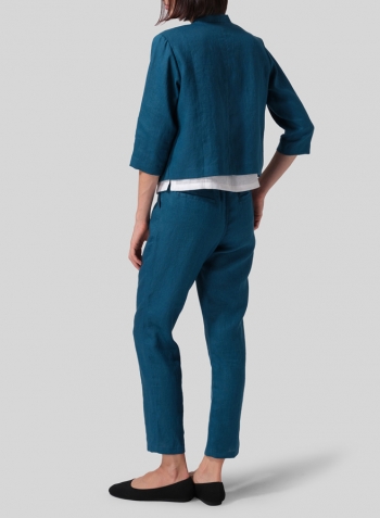 Peacock Blue Linen Crop Blazer Set