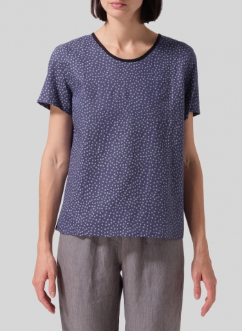 Blue Gray Dot Linen Boxy Short Sleeve Top