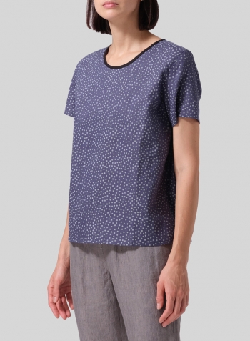 Blue Gray Dot Linen Boxy Short Sleeve Top