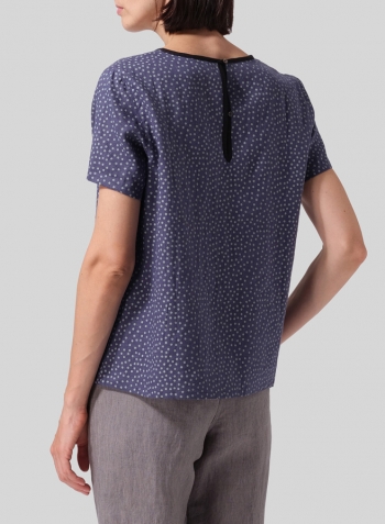 Blue Gray Dot Linen Boxy Short Sleeve Top