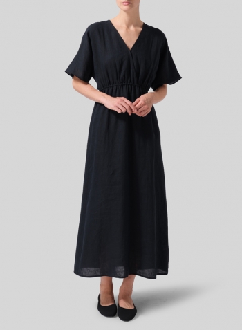 Black Linen V-Neck Dolman Sleeves Dress