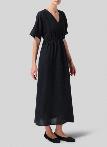 Black Linen V-Neck Dolman Sleeves Dress