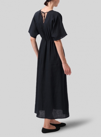 Black Linen V-Neck Dolman Sleeves Dress