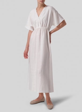 Off White Linen V-Neck Dolman Sleeves Dress