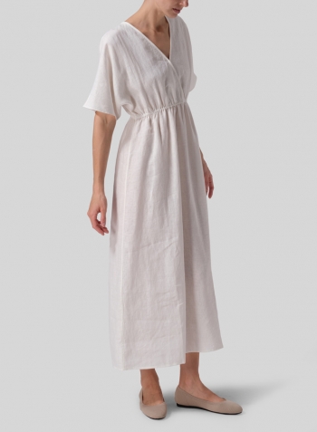 Off White Linen V-Neck Dolman Sleeves Dress